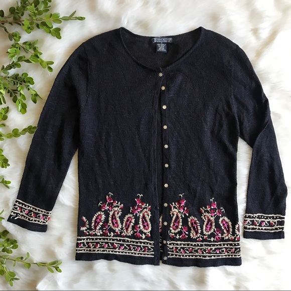 Harold's Sweaters - Harold's}• black embroidered Cardigan